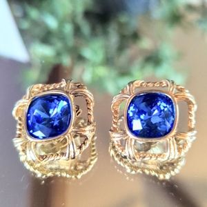 Swarovski Crystal Cobalt Sapphire Gold Tone Rope Square Clip On Earrings